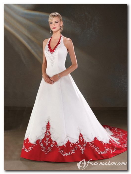 свадебное белое платье с красными вставками