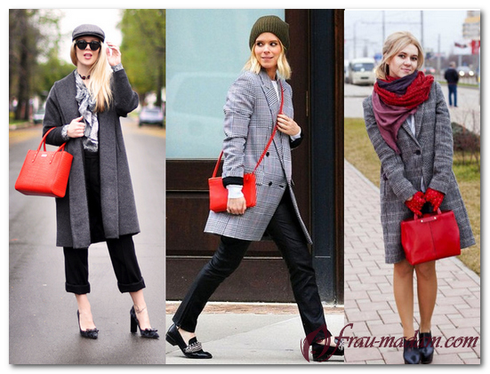серое пальто и красная сумка