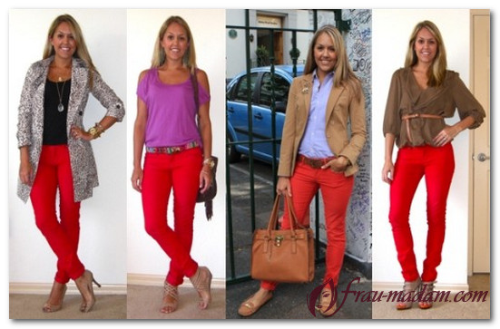 красные брюки женские с чем носить фото