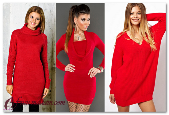 красное вязаное платье спицами